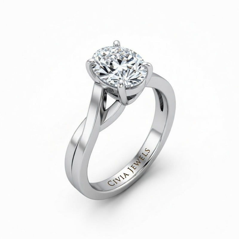 Silver Oval Brilliant Solitaire Engagement Ring With Elegant Split Twist Shank