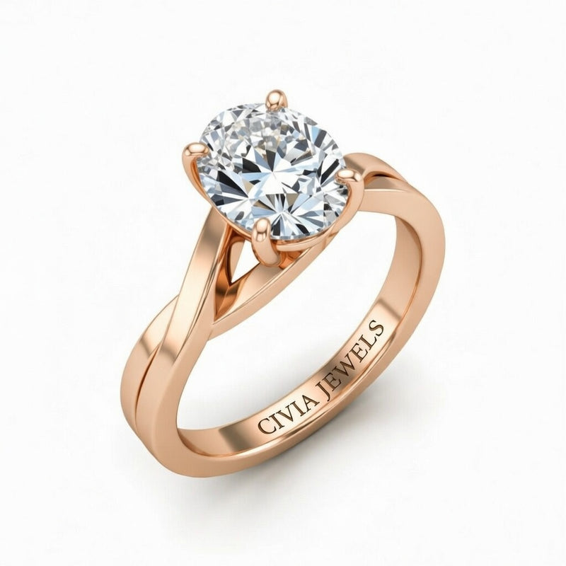 Rose Gold Oval Brilliant Solitaire Engagement Ring With Elegant Split Twist Shank