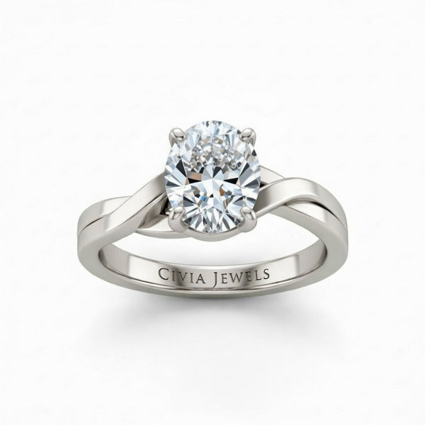 White Gold Oval Brilliant Solitaire Engagement Ring With Elegant Split Twist Shank
