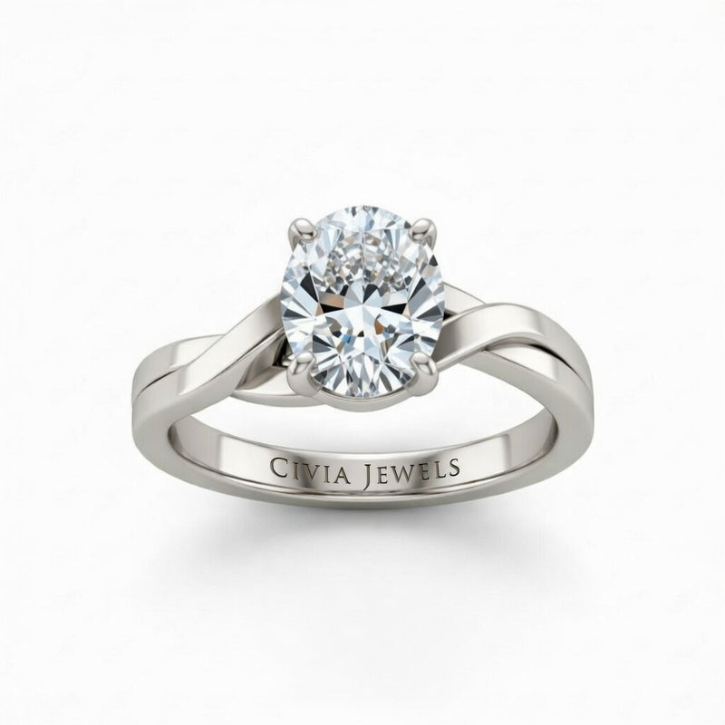 White Gold Oval Brilliant Solitaire Engagement Ring With Elegant Split Twist Shank
