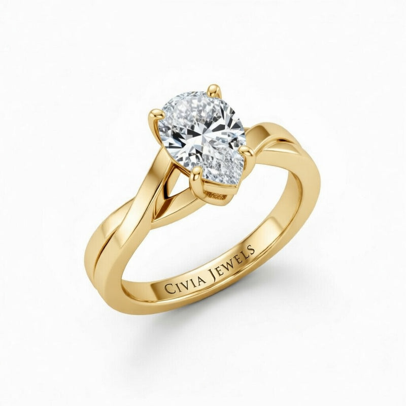 Yellow Gold Pear Brilliant Solitaire Engagement Ring With Elegant Split Twist Shank