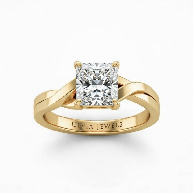 Yellow Gold Princess Brilliant Solitaire Engagement Ring With Elegant Split Twist Shank