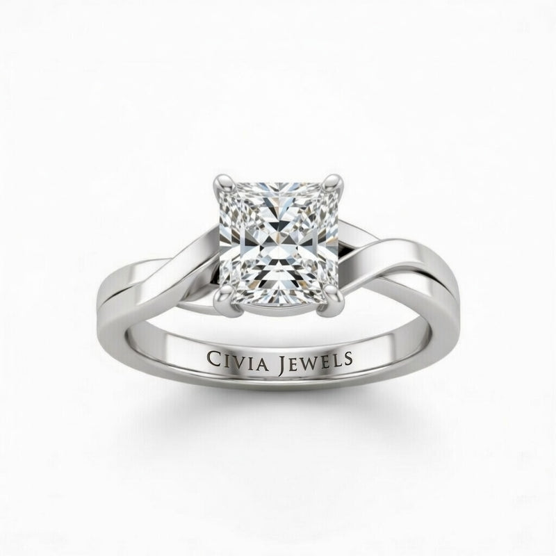 White Gold Princess Brilliant Solitaire Engagement Ring With Elegant Split Twist Shank