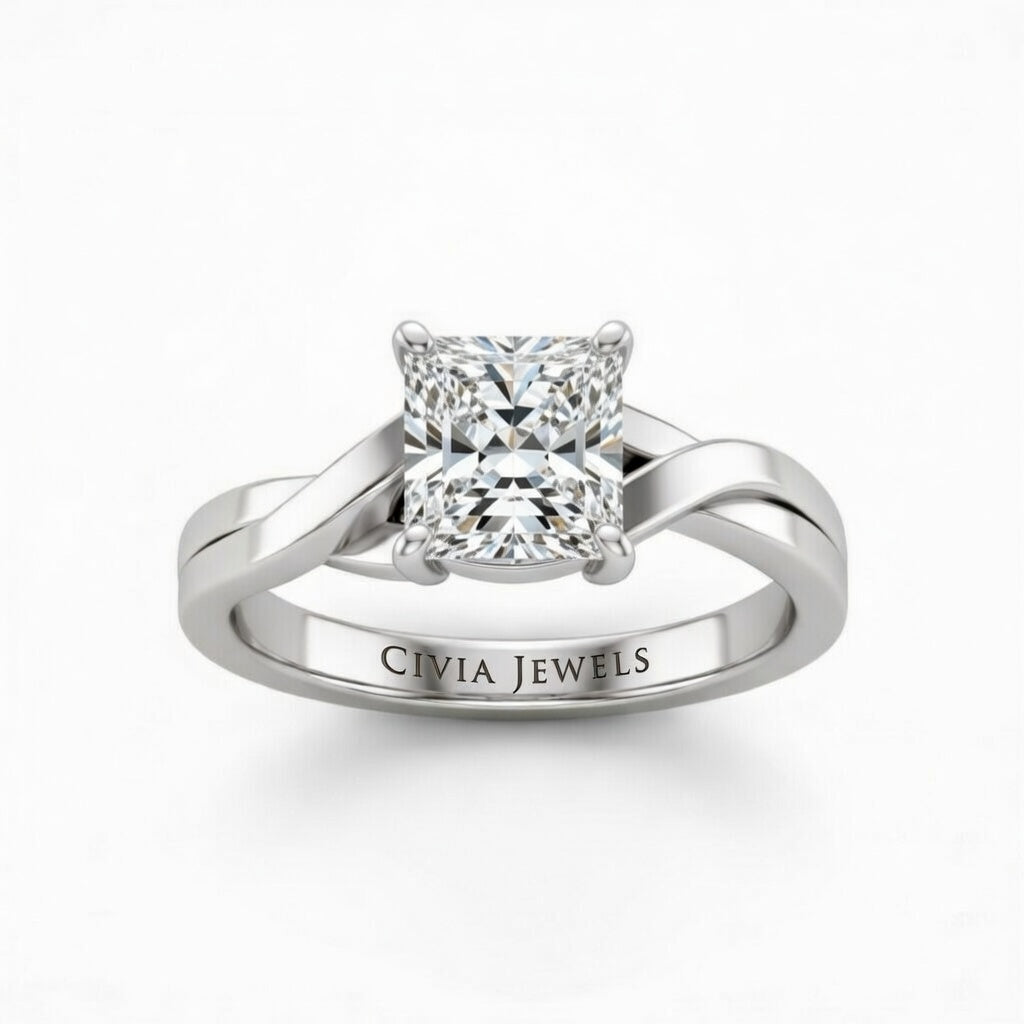 Silver Princess Brilliant Solitaire Engagement Ring With Elegant Split Twist Shank