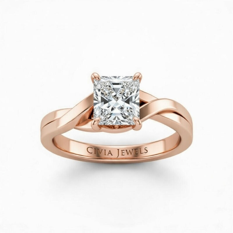 Rose Gold Princess Brilliant Solitaire Engagement Ring With Elegant Split Twist Shank