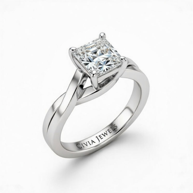 White Gold Princess Brilliant Solitaire Engagement Ring With Elegant Split Twist Shank