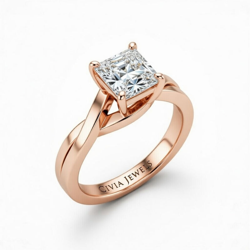 Rose Gold Princess Brilliant Solitaire Engagement Ring With Elegant Split Twist Shank