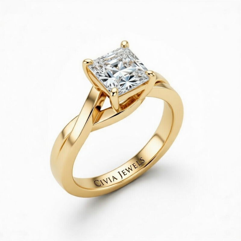 Yellow Gold Princess Brilliant Solitaire Engagement Ring With Elegant Split Twist Shank