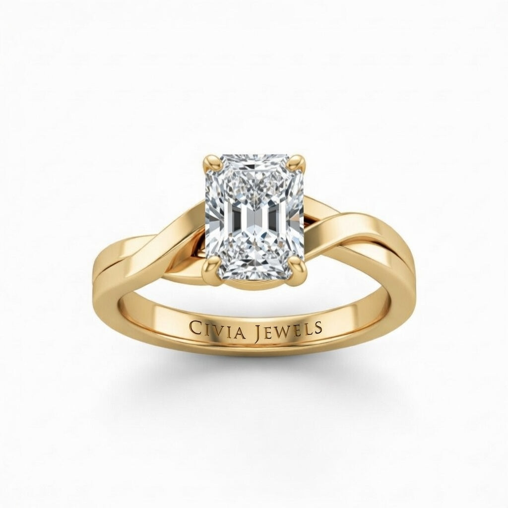 Yellow Gold Radiant Brilliant Solitaire Engagement Ring With Elegant Split Twist Shank