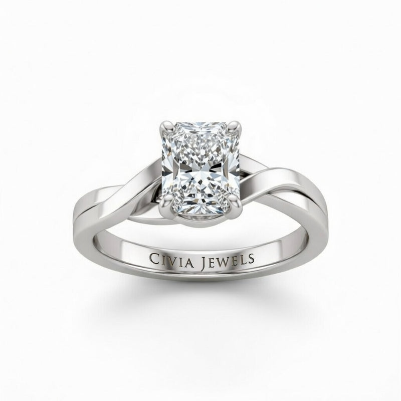 Silver Radiant Brilliant Solitaire Engagement Ring With Elegant Split Twist Shank