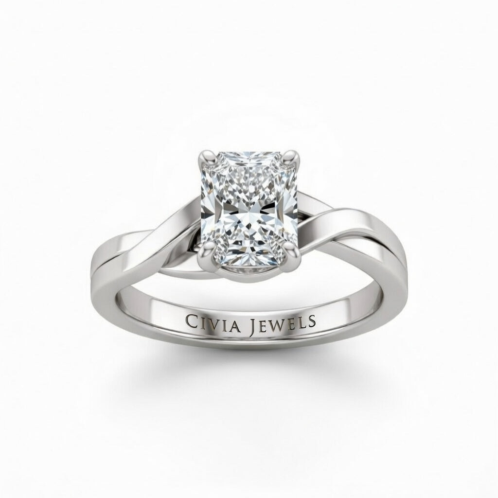 Silver Radiant Brilliant Solitaire Engagement Ring With Elegant Split Twist Shank