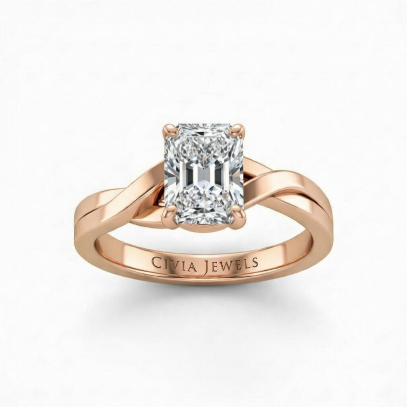 Rose Gold Radiant Brilliant Solitaire Engagement Ring With Elegant Split Twist Shank