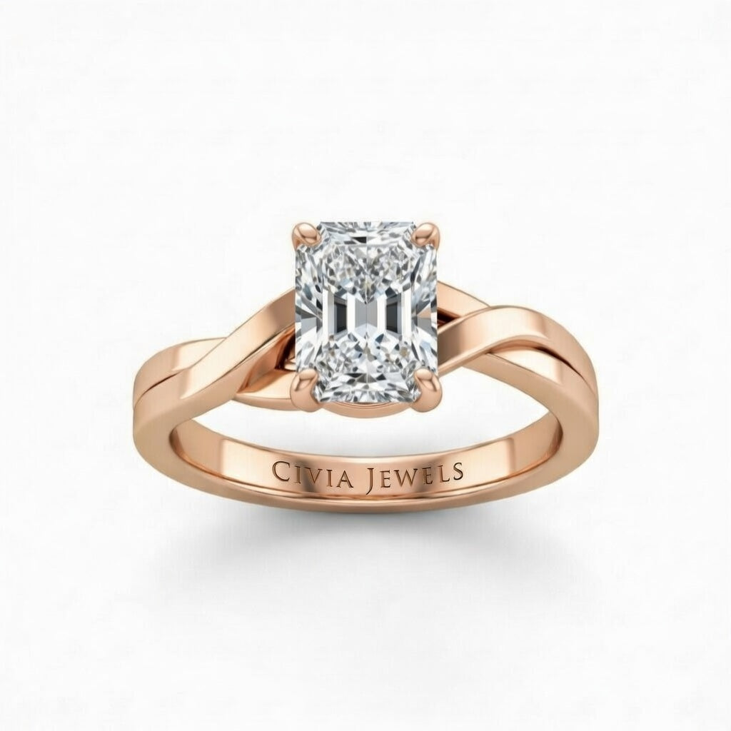 Rose Gold Radiant Brilliant Solitaire Engagement Ring With Elegant Split Twist Shank