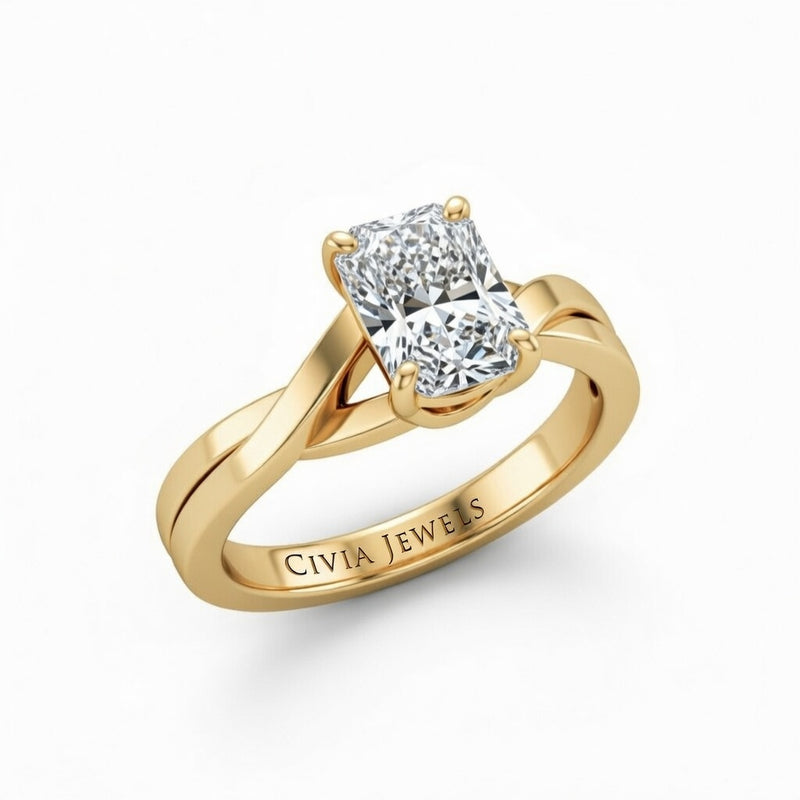 Yellow Gold Radiant Brilliant Solitaire Engagement Ring With Elegant Split Twist Shank