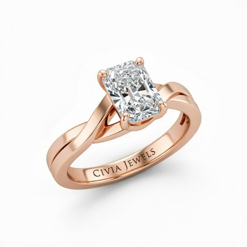 Rose Gold Radiant Brilliant Solitaire Engagement Ring With Elegant Split Twist Shank