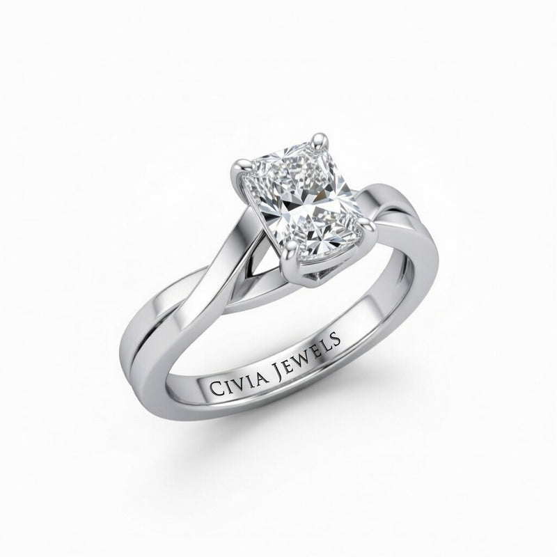 White Gold Radiant Brilliant Solitaire Engagement Ring With Elegant Split Twist Shank