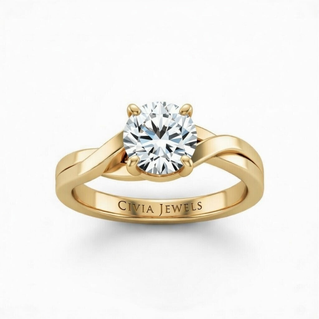 Yellow Gold Round Brilliant Solitaire Engagement Ring With Elegant Split Twist Shank