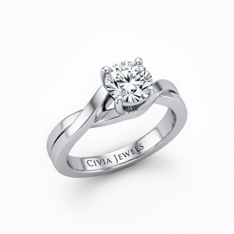 Silver Round Brilliant Solitaire Engagement Ring With Elegant Split Twist Shank