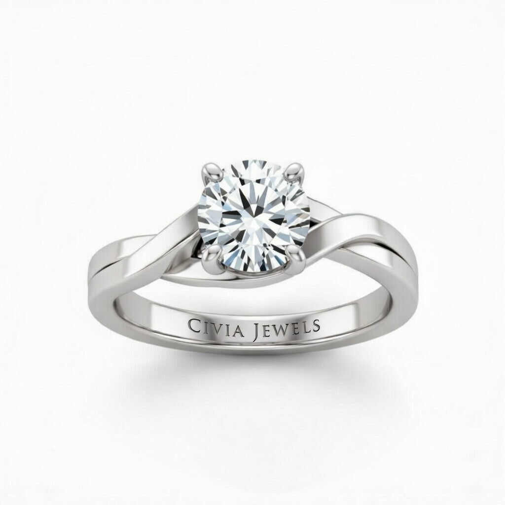 White Gold Round Brilliant Solitaire Engagement Ring With Elegant Split Twist Shank