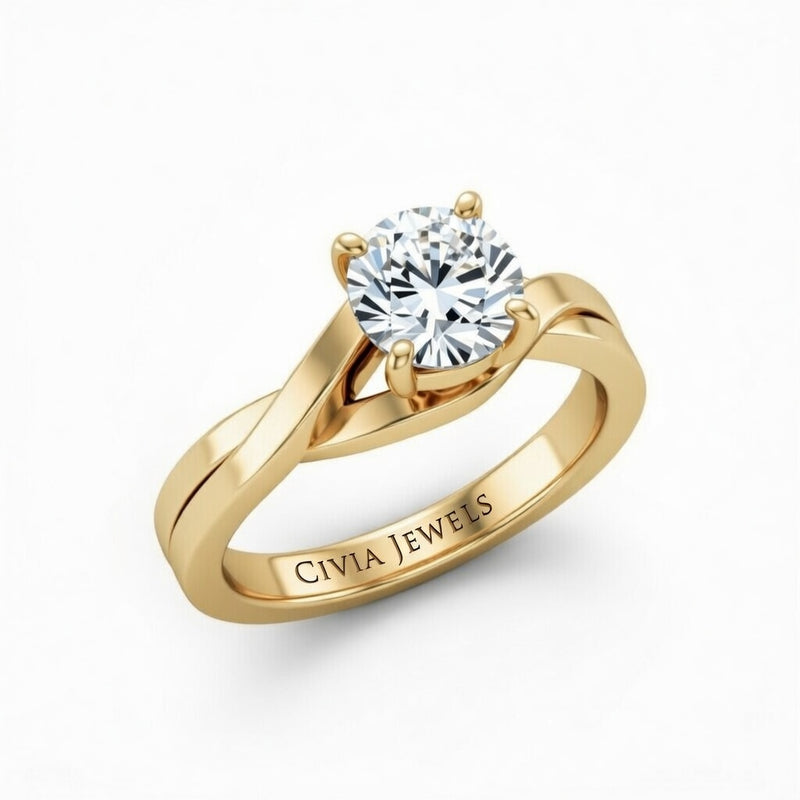 Yellow Gold Round Brilliant Solitaire Engagement Ring With Elegant Split Twist Shank