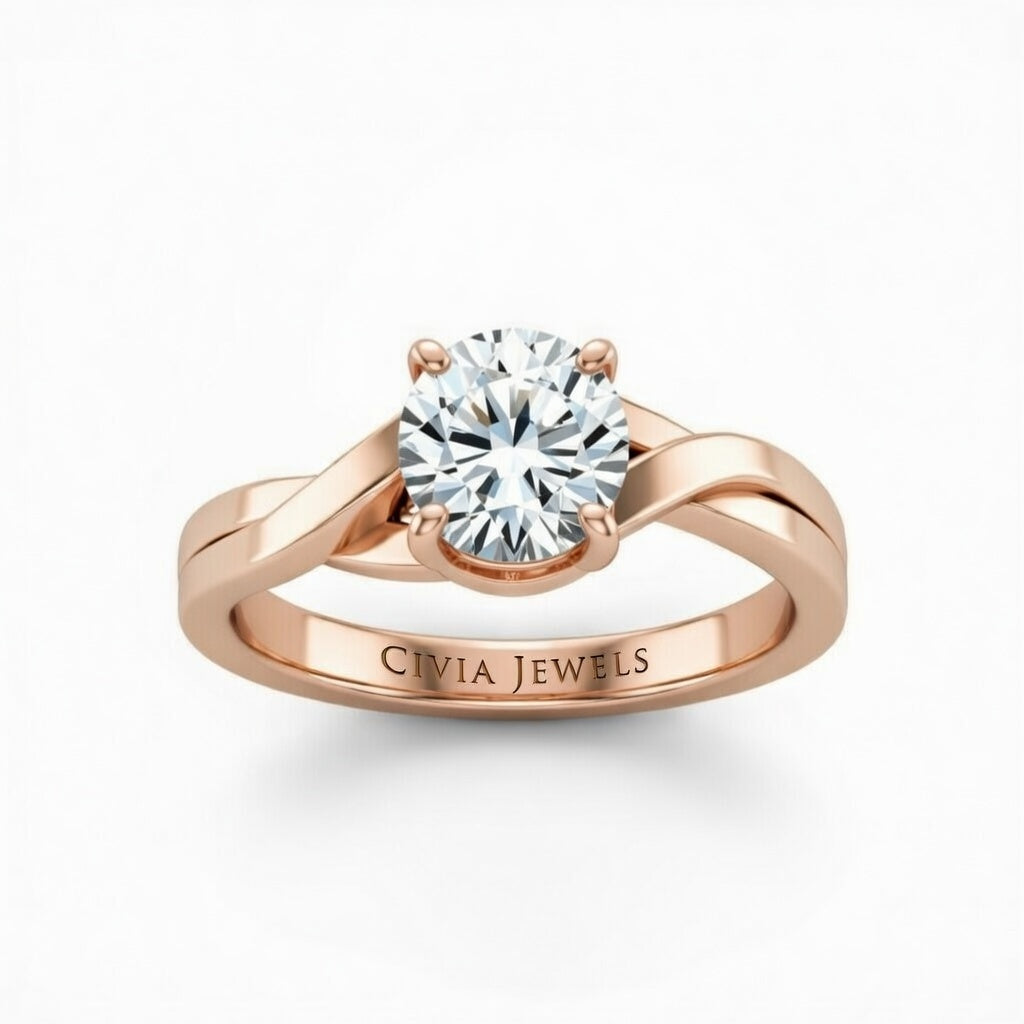 Rose Gold Round Brilliant Solitaire Engagement Ring With Elegant Split Twist Shank
