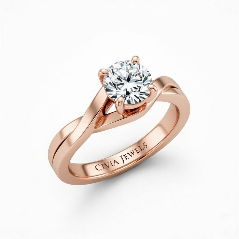 Rose Gold Round Brilliant Solitaire Engagement Ring With Elegant Split Twist Shank