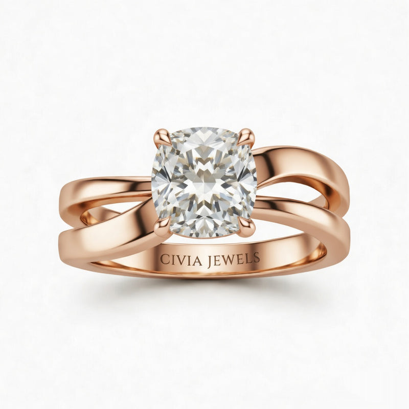 Rose Gold Cushion Cut Solitaire Engagement Ring With Sculpted Multirow Twist Shank