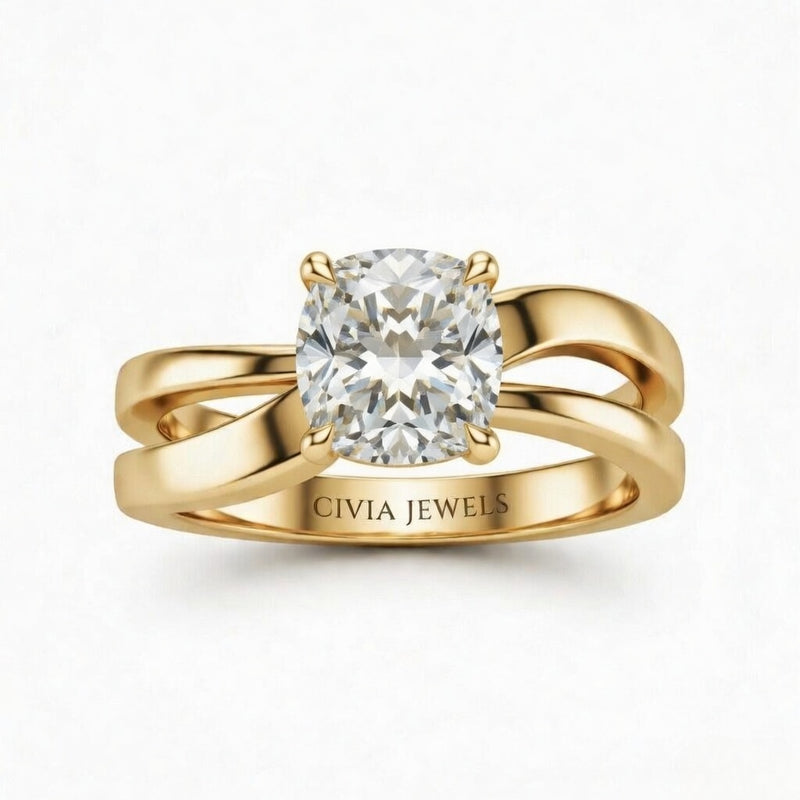 Yellow Gold Cushion Cut Solitaire Engagement Ring With Sculpted Multirow Twist Shank