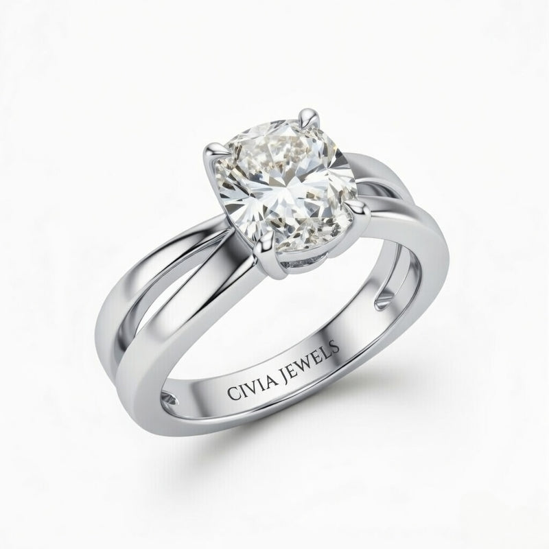 Silver Cushion Cut Solitaire Engagement Ring With Sculpted Multirow Twist Shank