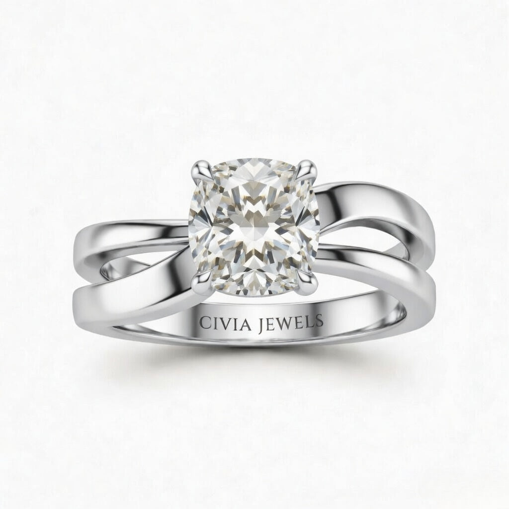 White Gold Cushion Cut Solitaire Engagement Ring With Sculpted Multirow Twist Shank