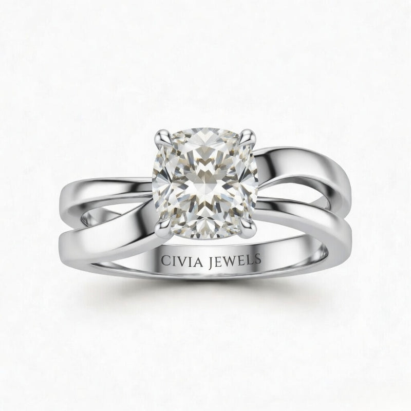 Silver Cushion Cut Solitaire Engagement Ring With Sculpted Multirow Twist Shank