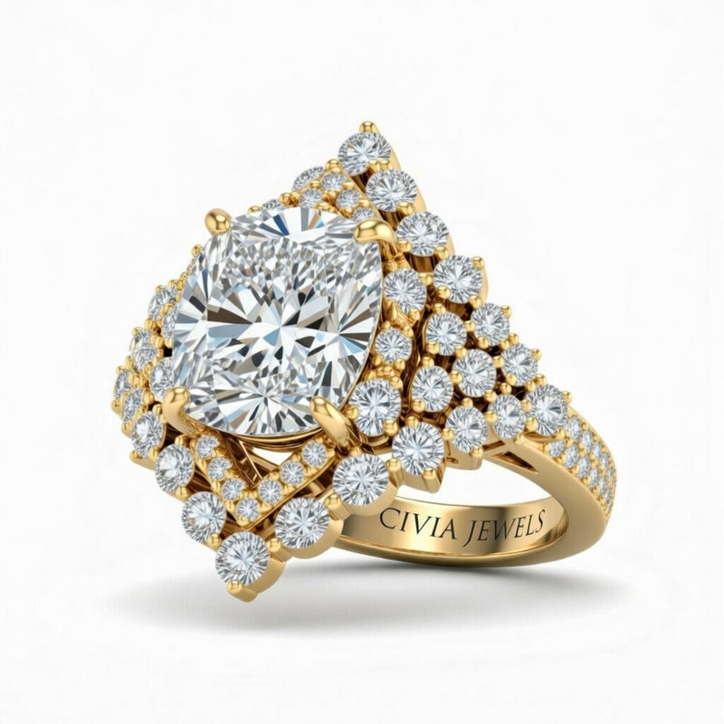 Yellow Gold Cushion Cut Engagement Ring With Diamond Cluster Sides, Double Halo Frame And Pavé Shank