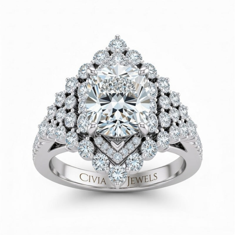 Silver Cushion Cut Engagement Ring With Diamond Cluster Sides, Double Halo Frame And Pavé Shank