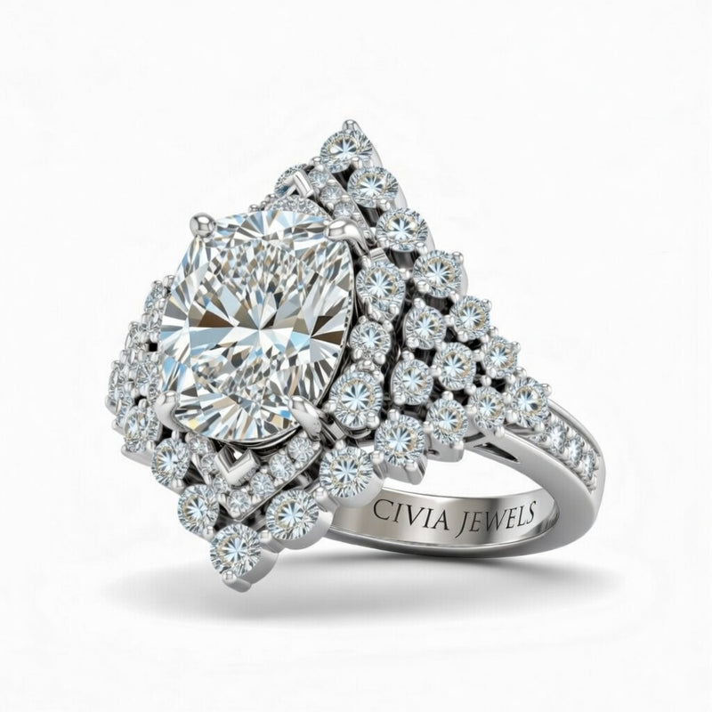 Silver Cushion Cut Engagement Ring With Diamond Cluster Sides, Double Halo Frame And Pavé Shank