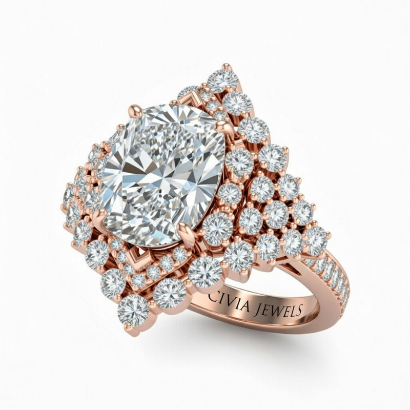 Rose Gold Cushion Cut Engagement Ring With Diamond Cluster Sides, Double Halo Frame And Pavé Shank