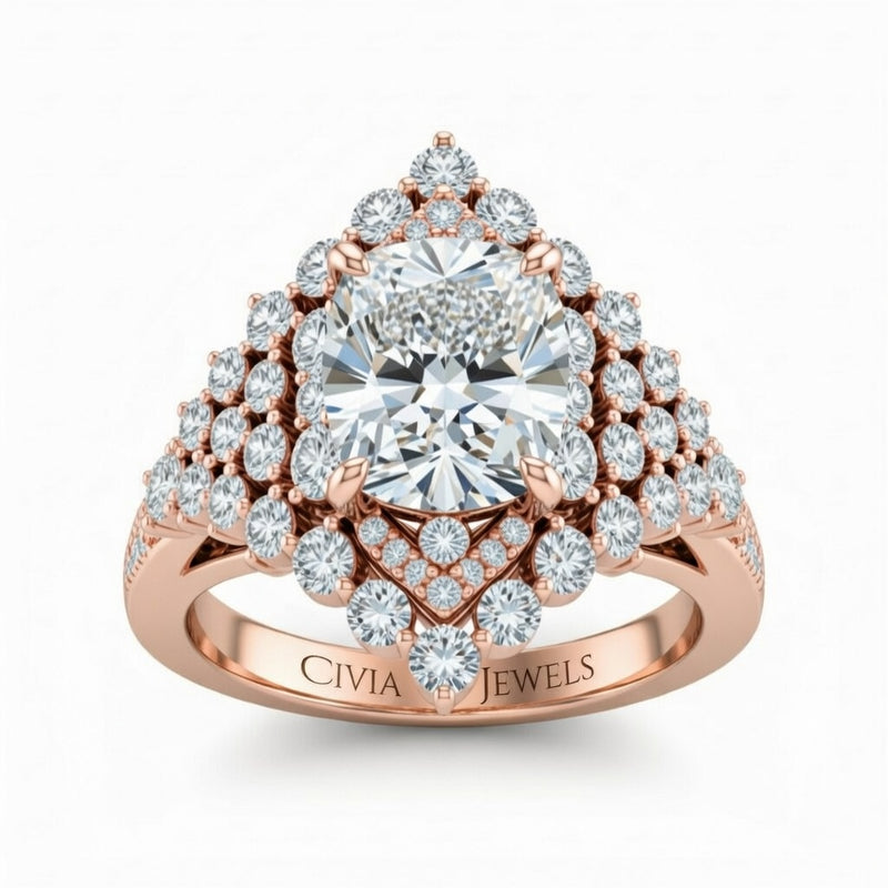 Rose Gold Cushion Cut Engagement Ring With Diamond Cluster Sides, Double Halo Frame And Pavé Shank