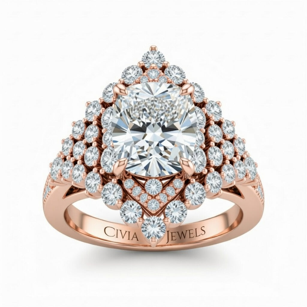 Rose Gold Cushion Cut Engagement Ring With Diamond Cluster Sides, Double Halo Frame And Pavé Shank