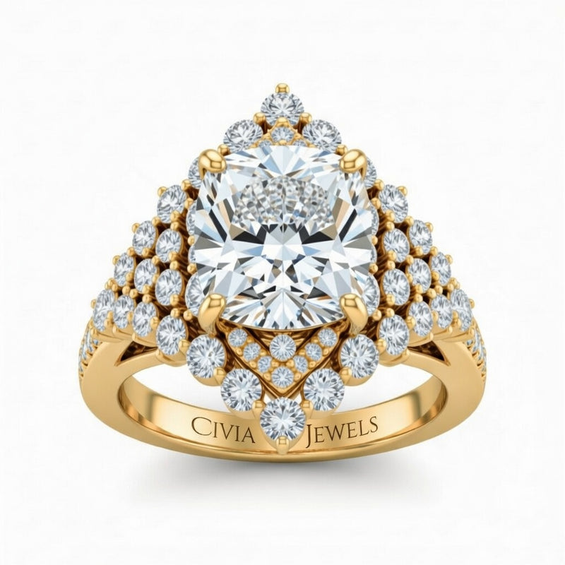 Yellow Gold Cushion Cut Engagement Ring With Diamond Cluster Sides, Double Halo Frame And Pavé Shank