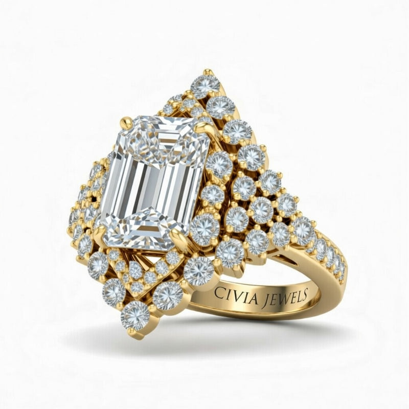 Yellow Gold Emerald Cut Engagement Ring With Diamond Cluster Sides, Double Halo Frame And Pavé Shank