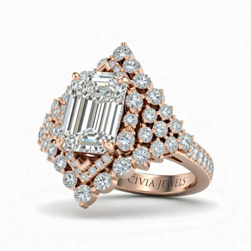 Rose Gold Emerald Cut Engagement Ring With Diamond Cluster Sides, Double Halo Frame And Pavé Shank
