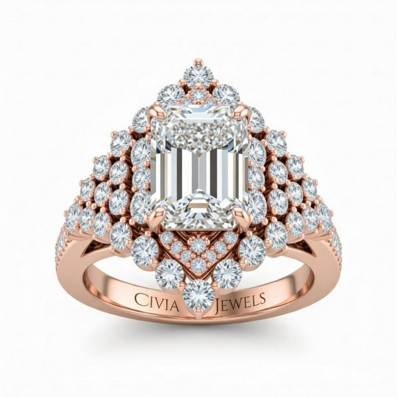 Rose Gold Emerald Cut Engagement Ring With Diamond Cluster Sides, Double Halo Frame And Pavé Shank