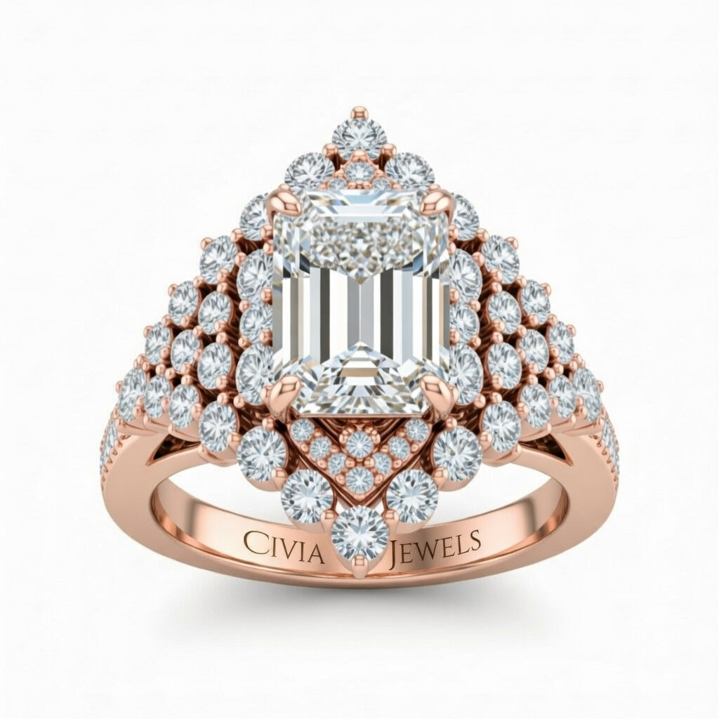 Rose Gold Emerald Cut Engagement Ring With Diamond Cluster Sides, Double Halo Frame And Pavé Shank