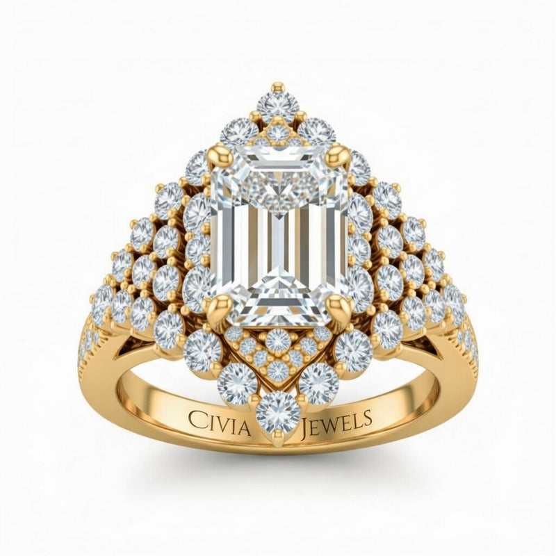 Yellow Gold Emerald Cut Engagement Ring With Diamond Cluster Sides, Double Halo Frame And Pavé Shank