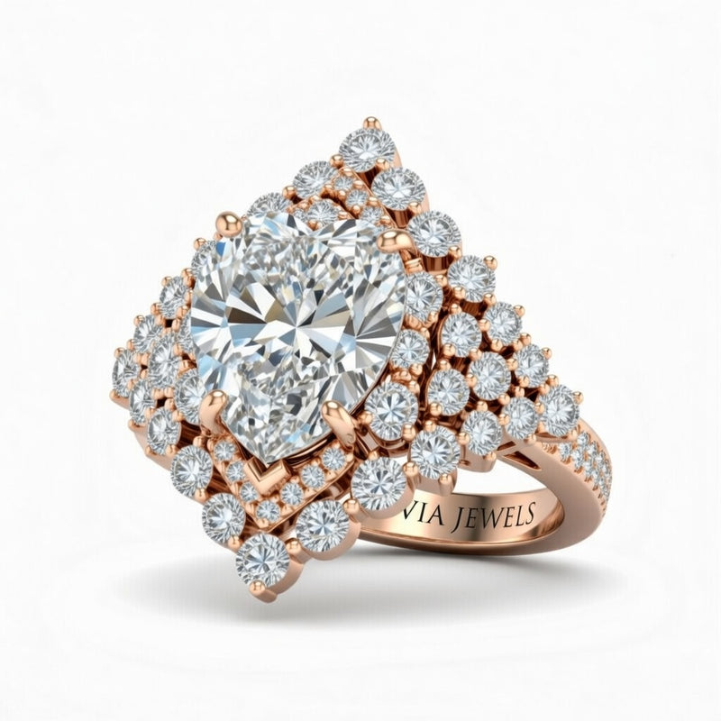 Rose Gold Heart Cut Engagement Ring With Diamond Cluster Sides, Double Halo Frame And Pavé Shank