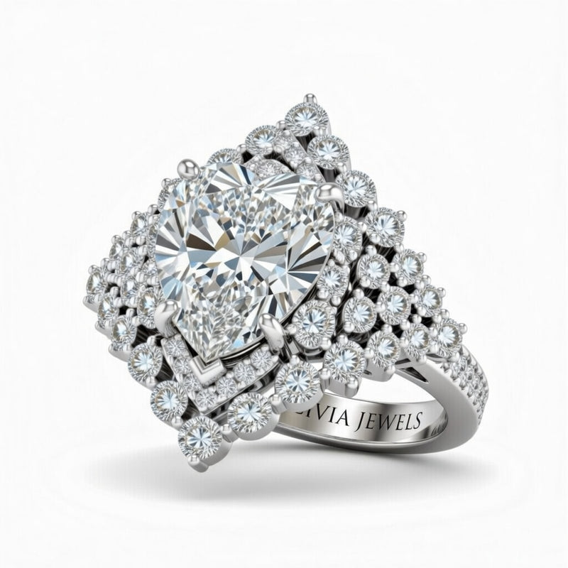 White Gold Heart Cut Engagement Ring With Diamond Cluster Sides, Double Halo Frame And Pavé Shank