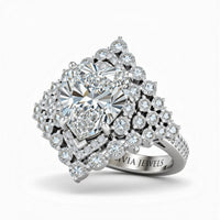 White Gold Heart Cut Engagement Ring With Diamond Cluster Sides, Double Halo Frame And Pavé Shank