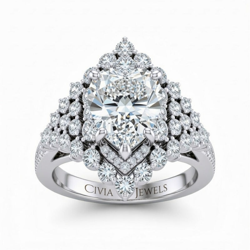 Silver Heart Cut Engagement Ring With Diamond Cluster Sides, Double Halo Frame And Pavé Shank