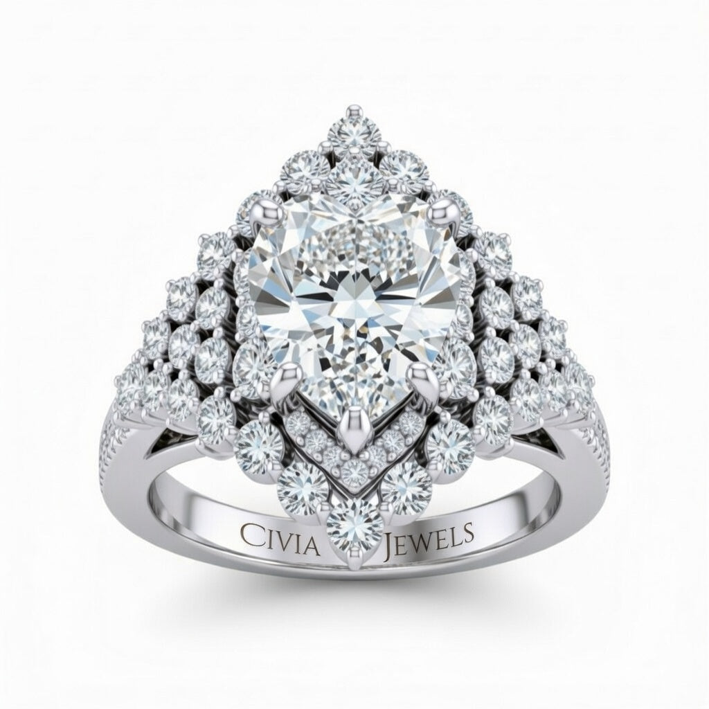 Silver Heart Cut Engagement Ring With Diamond Cluster Sides, Double Halo Frame And Pavé Shank