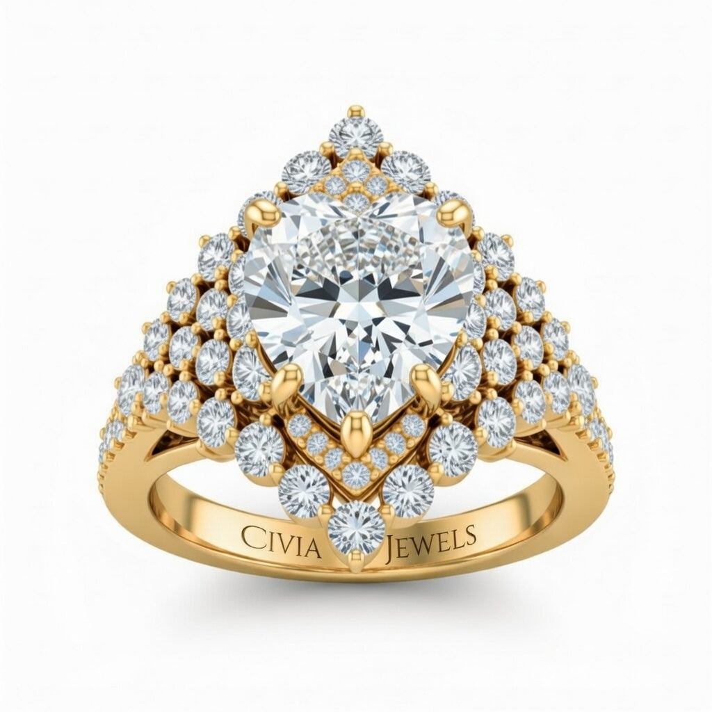 Yellow Gold Heart Cut Engagement Ring With Diamond Cluster Sides, Double Halo Frame And Pavé Shank
