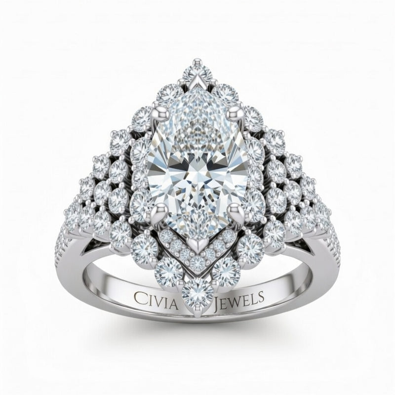 White Gold Marquise Cut Engagement Ring With Diamond Cluster Sides, Double Halo Frame And Pavé Shank